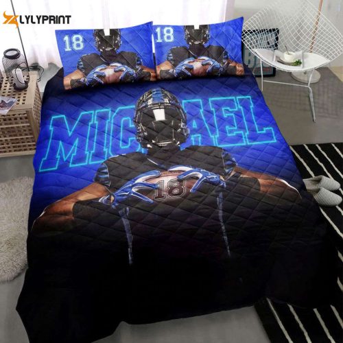 Custom Football Quilt Set – Personalized America Football 3D Blanket with Pillowcases Blue Black Design Custom Name & Number Bedding