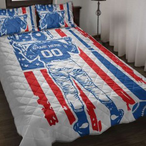 Custom Football Quilt Set: American Flag Player Helmet Design with Pillowcases & Bedding