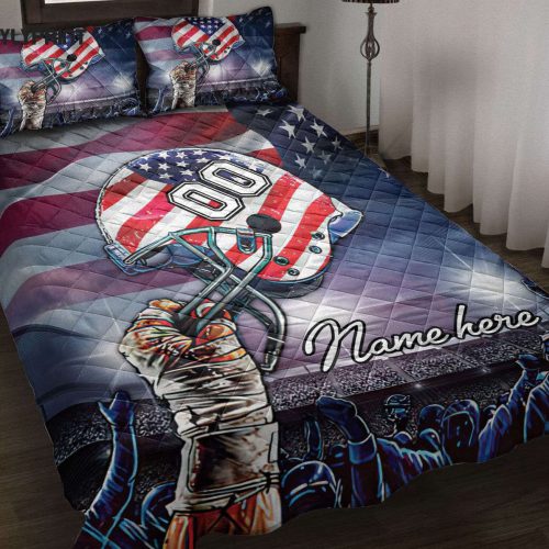 Custom Football Quilt Set: American Flag Player Helmet Design with Pillowcases & Bedding