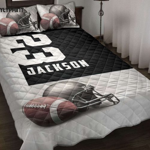 Custom Football Quilt Set: Personalized Bedding with Name & Number – Football Black Wall Blanket & Pillowcases