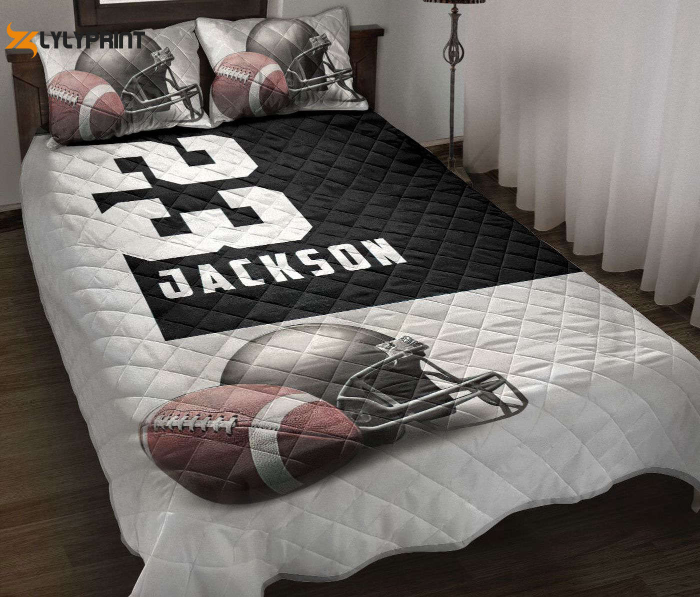 Custom Football Quilt Set: Personalized Bedding with Name & Number – Football Black Wall Blanket & Pillowcases Custom Football Quilt Set: Personalized Bedding with Name & Number – Football Black Wall Blanket & Pillowcases