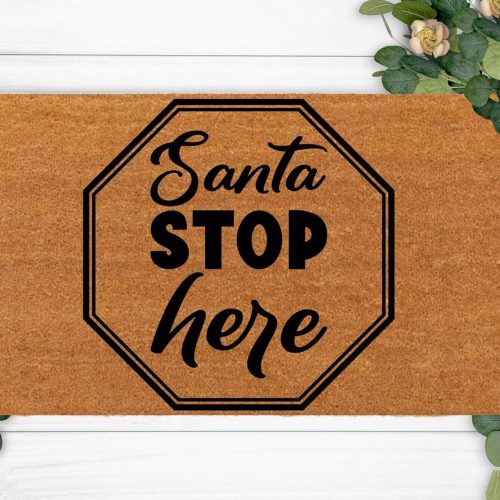 Custom Last Name Rug – Cute Santa Stop Here Doormat for Housewarming – Funny Christmas Decoration