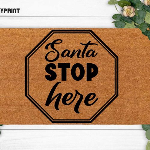 Custom Last Name Rug - Cute Santa Stop Here Doormat for Housewarming - Funny Christmas Decoration
